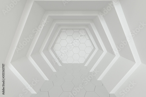 Fototapeta Naklejka Na Ścianę i Meble -  Hexagonal tunnel space with hexagon cubes, 3d rendering.