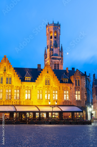 Belfort tower and Burg square at night, Bruges, Belgium