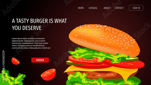 Web page design for Fast food  Street cafe  Restaurant menu  Junk food. Appetizing Burger with meat  cheese  tomato  cucumber  lettuce. Perfect for poster  banner  flyer  menu  website.