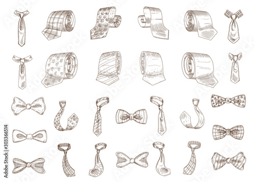 Stylish monochrome neckwear items hand drawn illustrations set