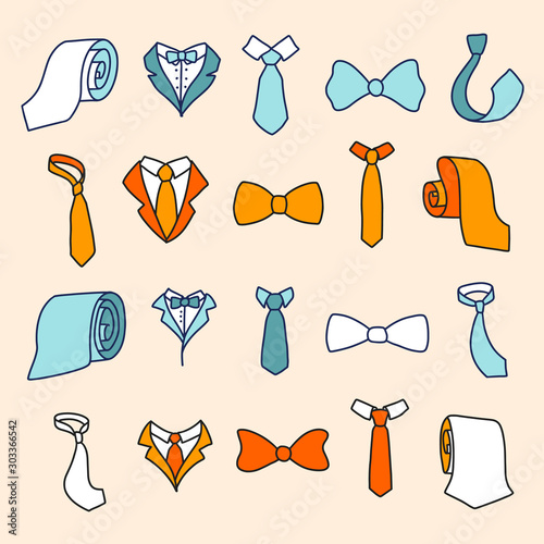 Stylish colorful neckwear items hand drawn illustrations set