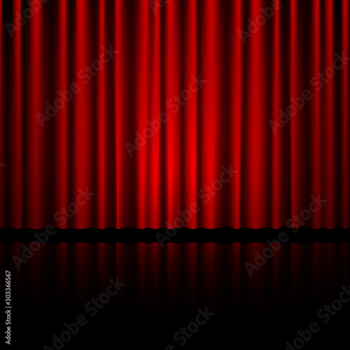 Closed red theater curtain with reflection in bottom. Background for banner or poster. Vector illustration