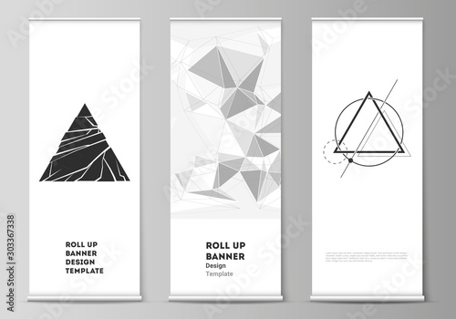 The vector illustration layout of roll up banner stands, vertical flyers, flags design business templates. Abstract geometric triangle design background using different triangular style patterns.