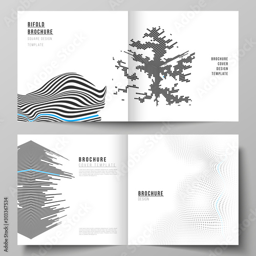 The vector illustration layout of two covers templates for square design bifold brochure, magazine, flyer, booklet. Abstract big data visualization concept backgrounds with lines and cubes. © Raevsky Lab
