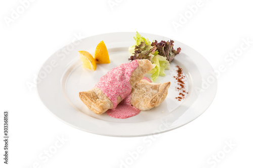 Chicken puff with pink tobko sauce and green salad isolated on white background
