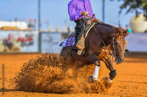 The close-up view of a rider stopping a horse in the sand. 