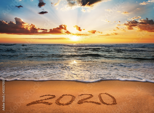 Happy New Year 2020! Written 2020 on the beach.
