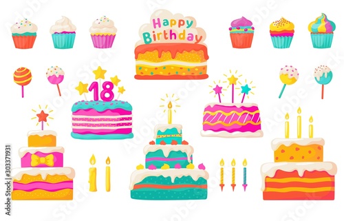 Birthday cakes. Party celebration cupcake with candles and invitation, colorful and chocolate flat cakes. Vector set tasty dessert main dish of holiday and anniversary with chocolate and sweet photo