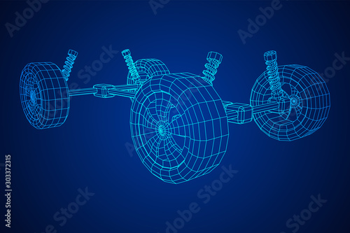 Chassis steering rack. Wireframe low poly mesh vector illustration. Auto service repair car concept.