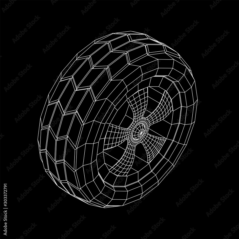 Naklejka premium Automobile rubber car wheel tire and rim. Wireframe low poly mesh vector illustration. Auto service repair concept.