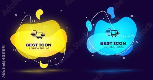 Black Shopping cart with marijuana or cannabis leaf icon on dark blue background. Online buying. Delivery service. Supermarket basket. Set abstract banner with liquid shapes. Vector Illustration