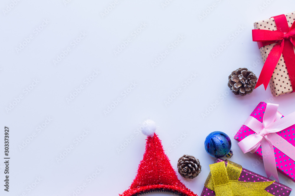  Flat lay of Christmas composition for background on white background. Christmas, winter, new year concept. copy space and soft focus.
