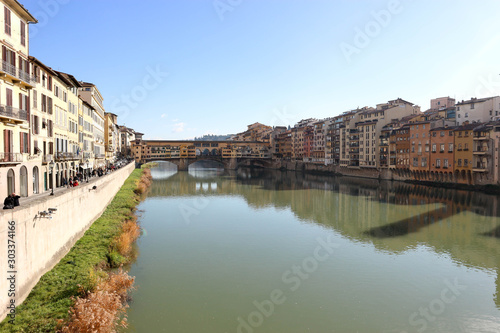 Panoramic view to river Arno and famous landmark ponte vecchio in florence in clear winter day