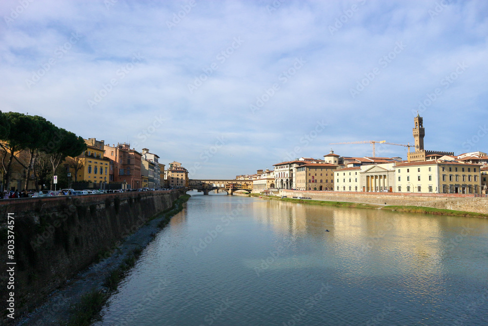 amazing view of ponte vecchio and Florence medieval city center with river Arno