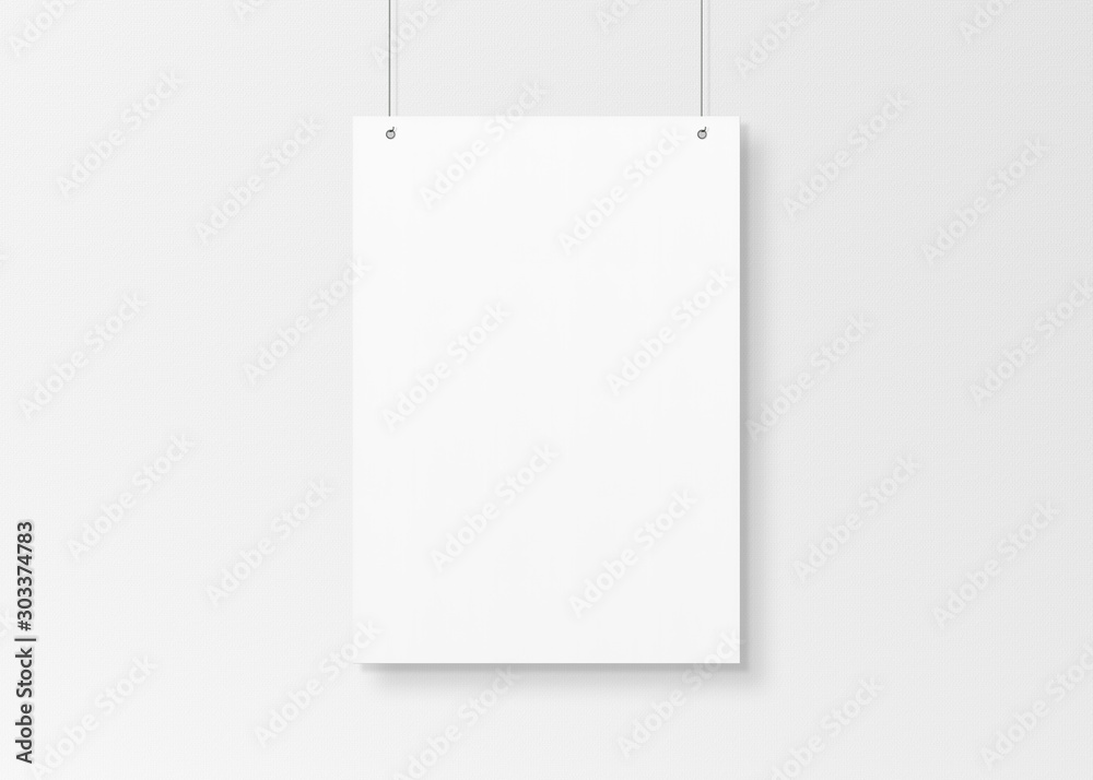 White poster isolated hanging by strings on wall mockup 3D rendering - obrazy, fototapety, plakaty 
