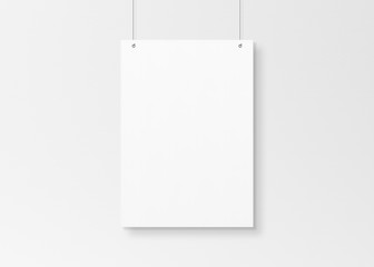 White poster isolated hanging by strings on wall mockup 3D rendering