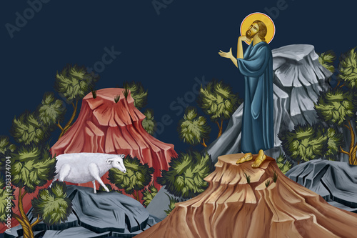 Fotografía Parable of the Lost Sheep. Illustration  in Byzantine style