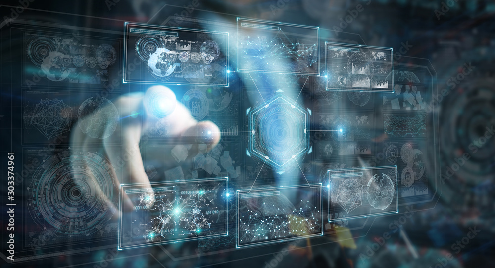 Businessman using digital technological interface with datas 3D rendering Businessman using digital technological interface with datas 3D rendering