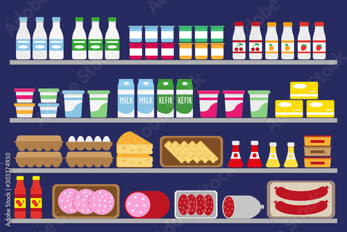 Supermarket shelves with food and drinks. Dairy, eggs and sausage on the refrigerator shelves. Vector illustration.
