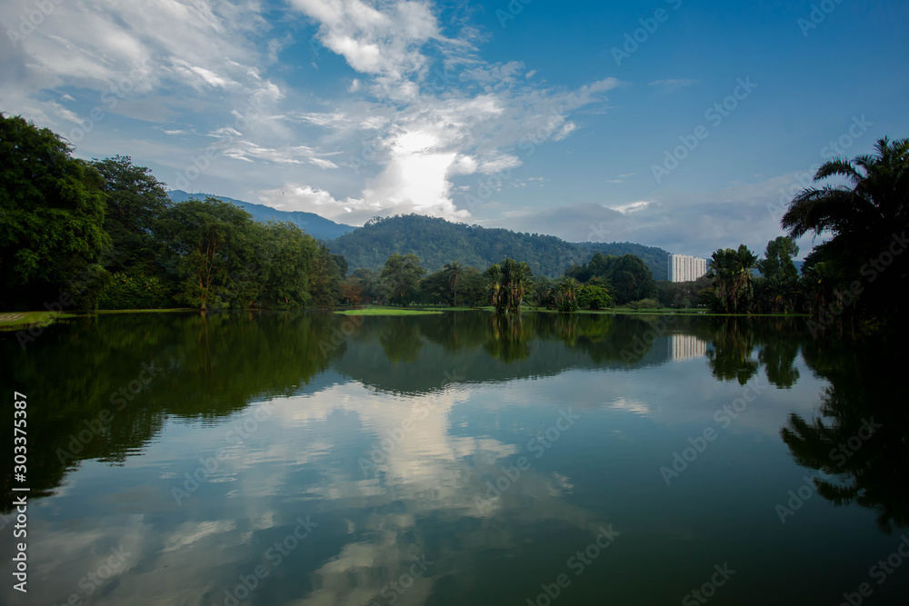 Ταπετσαρία beautiful natural park view and blue sky, refection in water