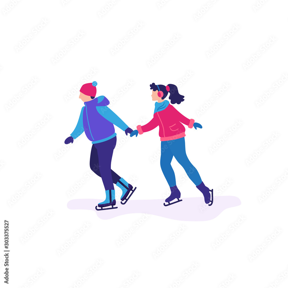 Obraz premium Ilustracji wektorowych postaci z kreskówek o łyżwach para. Mężczyzna i dziewczyna jazda na łyżwach. Ferie. Szablon można wykorzystać do karty, baneru strony internetowej.