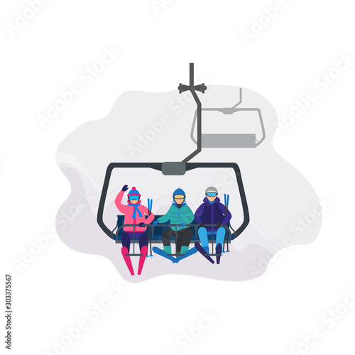 Vector illustration of a group of skiers sitting on a ski lift. Welcome to ski resort concept. Template can use for card, Web Page Banner.