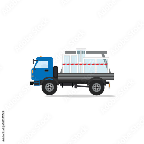 Vector  ftruck delivery with tplastic window isolated on white background. Delivery of goods, parcels, concept.