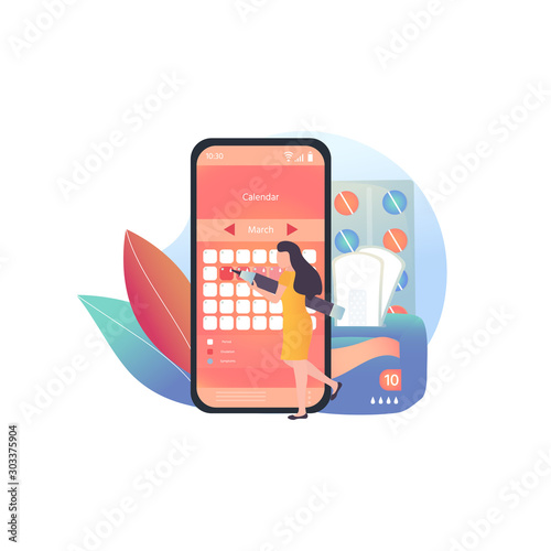 Woman’s mobile utility app for Menstruation calendare, ovulation tracker. Woman hygiene concept.  Mobile. Vector illustration
