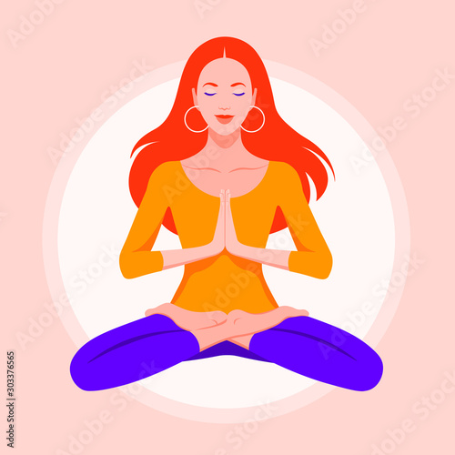 A young woman sits in a lotus position and meditates. Girl practices yoga and levitates. Vector flat illustration