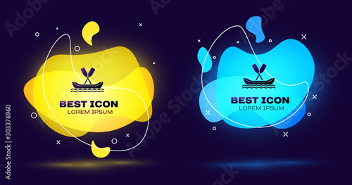 Black Rafting boat icon on dark blue background. Kayak with paddles. Water sports, extreme sports, holiday, vacation, team building. Set abstract banner with liquid shapes. Vector Illustration