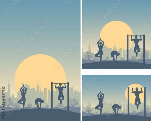 Family sport outdoor. Dad, mom and son are engaged in fitness, pilates, yoga outside a city, performs physical exercises to promote health in nature. Vector template for poster, banner, card.