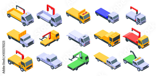 Tow truck icons set. Isometric set of tow truck vector icons for web design isolated on white background
