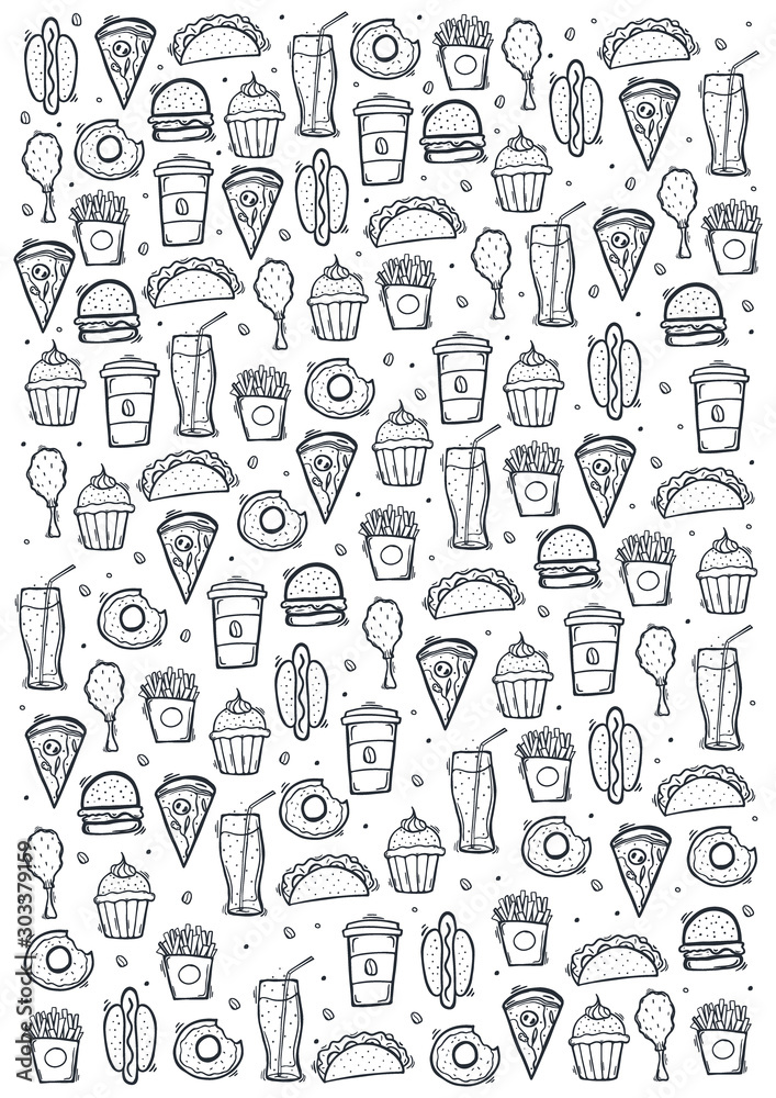 FastFood hand draw doodle background with tasty dishes. Burger, French Fries, Soft Drinks and Coffee.