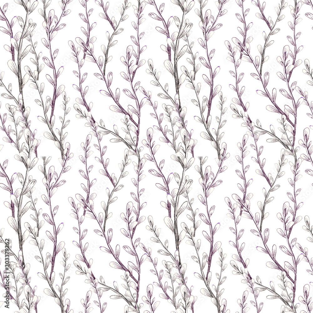 Beautiful seamless pattern in pencil style - branches on a white background - winter concept, christmas