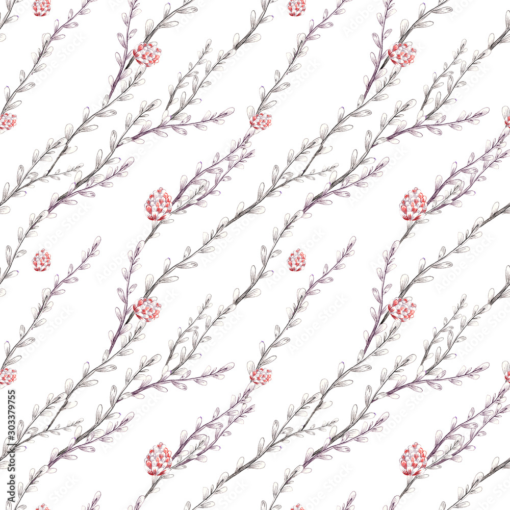 Seamless pattern pencil illustration of winter Merry Christmas, Element branches, leaves of red cones, great for New Year and Christmas design
