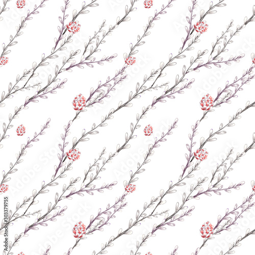 Seamless pattern pencil illustration of winter Merry Christmas  Element branches  leaves of red cones  great for New Year and Christmas design