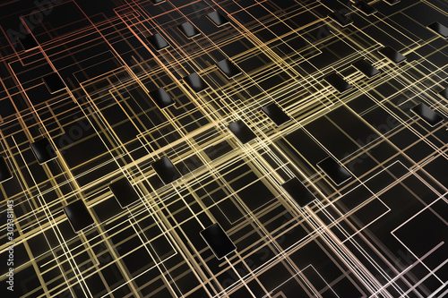 Golden cyber space with crossed glowing lines, 3d rendering.