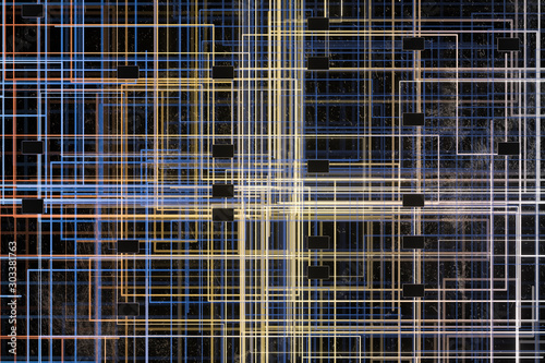 Golden cyber space with crossed glowing lines, 3d rendering.
