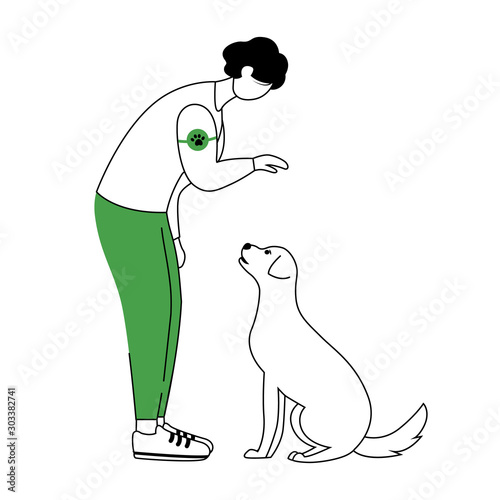 Animal adoption flat contour vector illustration. Pet owner training dog isolated cartoon outline character on white background. Man rescuing abandonned, homeless doggy simple drawing