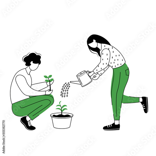 People growing plants flat contour vector illustration. Gardeners isolated cartoon outline character on white background. Couple seeding and watering houseplants simple drawing. Gardening concept