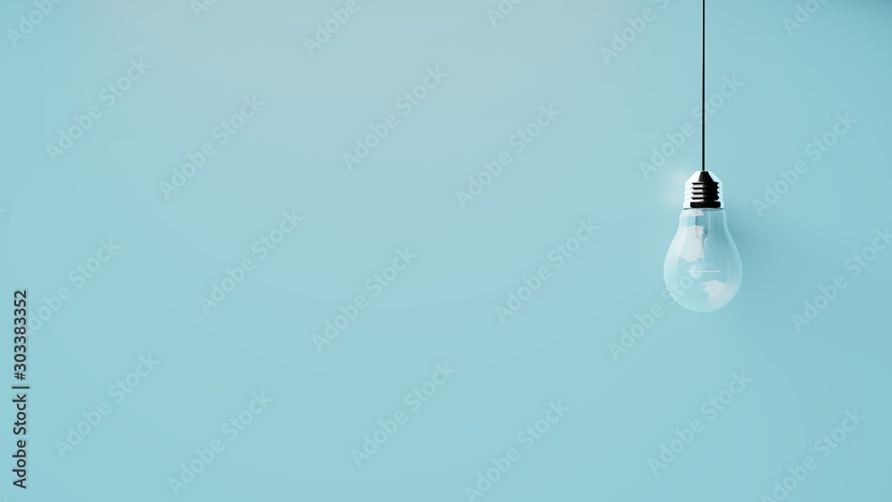 Singular hanging light bulb on bright blue background with space for text - obrazy, fototapety, plakaty 