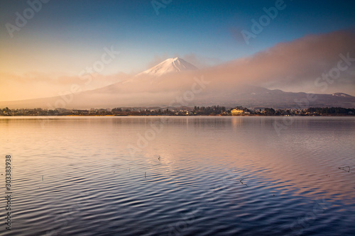 Fuji mountain with morning light and lake