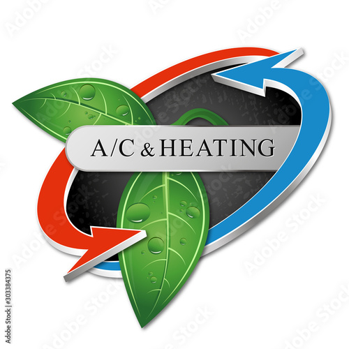 Eco air conditioning and heating symbol. Green leaf and red blue arrowsl