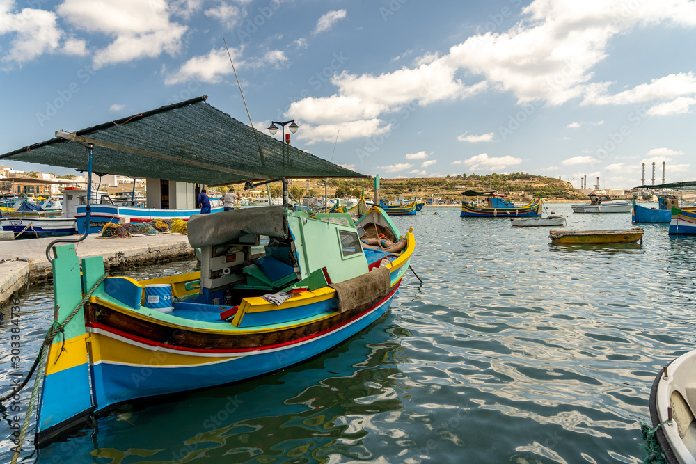 view of the harbor with boats, of marsaxlokk on malta