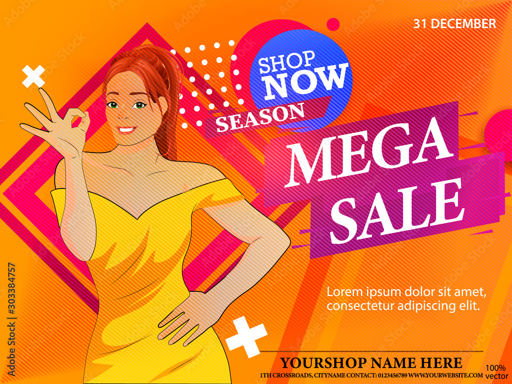Mega sale discounts promotional card template for marketing with a pretty girl on abstract geometric. Retail shop discount flyer. Promote your Products and services with this great banner Mega sale discounts promotional card template for marketing with a pretty girl on abstract geometric. Retail shop discount flyer. Promote your Products and services with this great banner