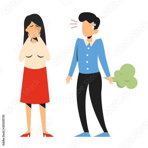 Man fart in front of the woman. Bad smell, man in shame. Funny