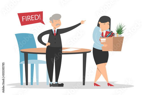 Angry man boss and fired employee walk with the box