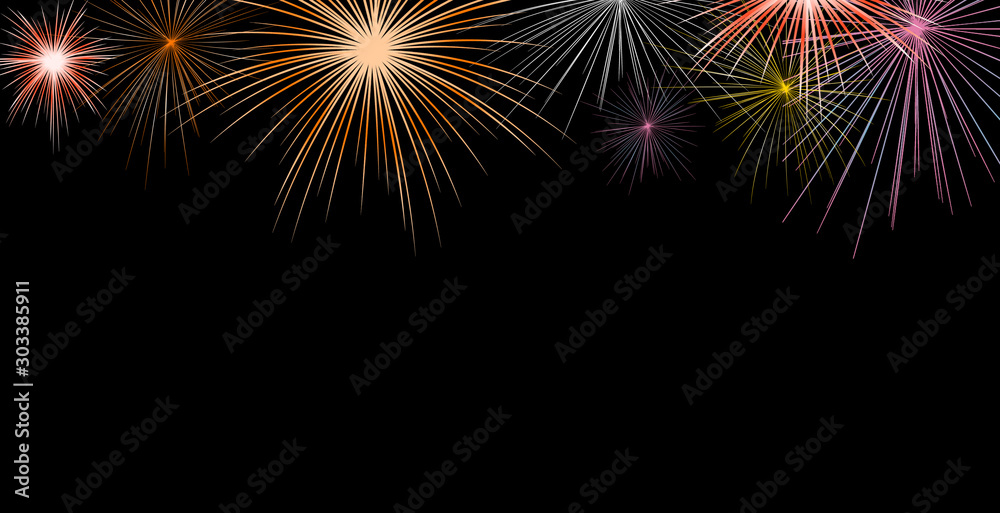 abstract show group of exploding fireworks bright light vibrant colorful  and falling fire glitter confetti on black background for happy new  year,diwali,labor's day ,independence's day concept Stock Photo | Adobe  Stock