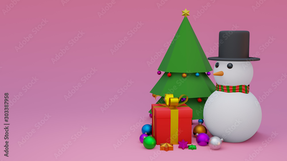 abstract christmas on full color background 3d rendering with many object christmas tree gift box snow man metallic gold ball,holiday christmas new year concept