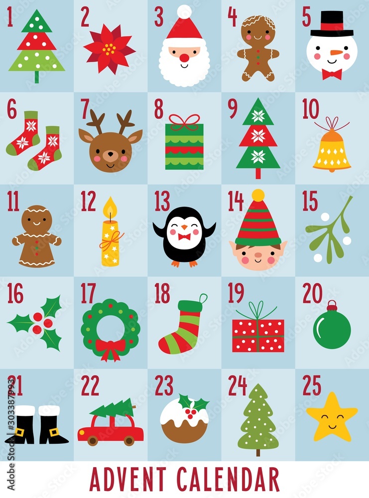 Christmas vector Advent calendar, cute cartoon set